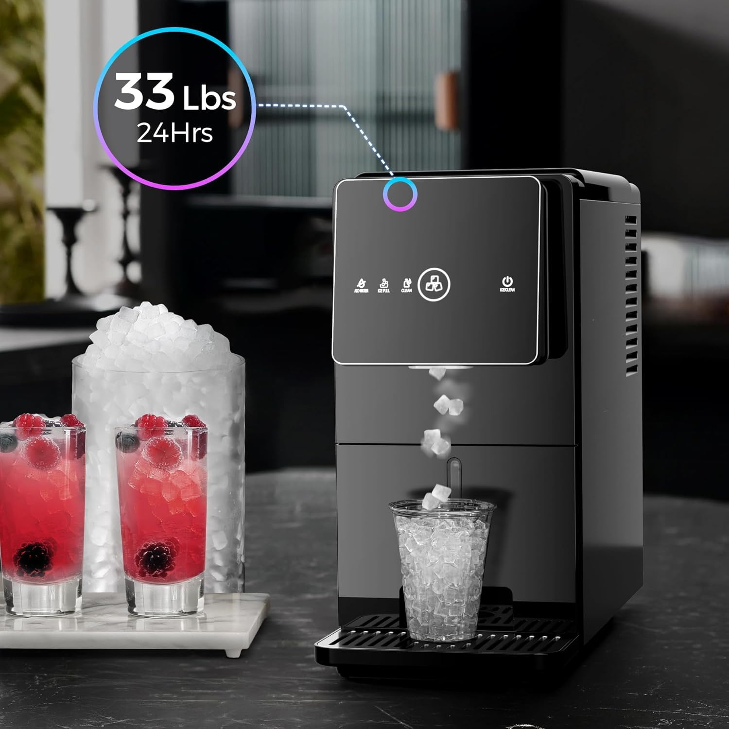 Kismile Nugget Ice Maker Countertop, 33LBS/24H Ice Machine with Soft Chewable Ice, One-Click, Self-Cleaning Function, Stainless Steel Ice Maker with Indicator Lights for Home/Kitchen(Black)