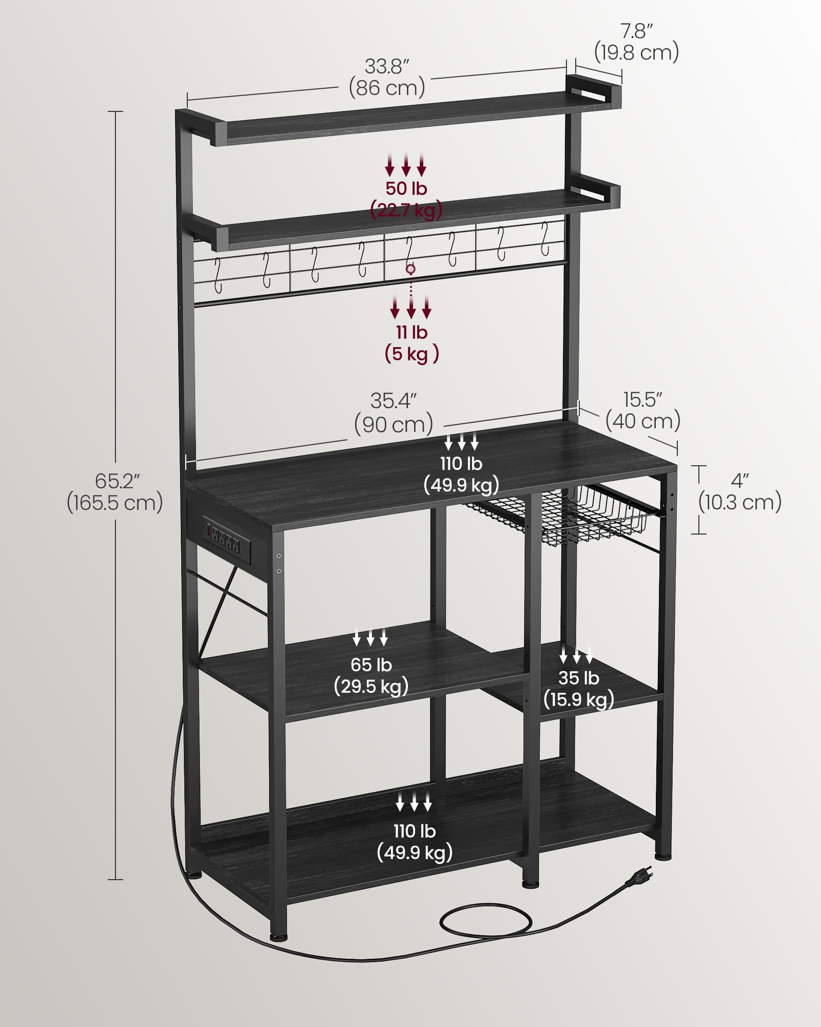 VASAGLE Kitchen Bakers Rack with Power Outlet, Coffee Bar with 35.4-Inch High Worktop, Microwave Stand with 8 Hooks, 15.7 x 31.5 x 66.9 Inches, Golden Oak and Cloud White UKKS059Y01