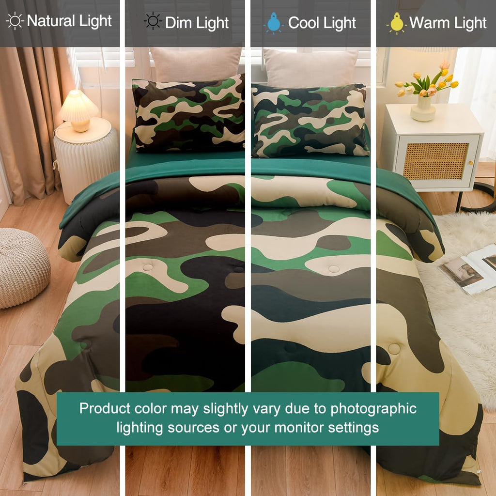 Holawakaka Twin Size Camouflage Bedding Comforter Set with Sheets, Boys Girls Men Camo Bed in A Bag 5 Pieces,Kids Teens Dorm Bed Sets Neutral Farmhouse Lodge Cabin Army Bedspread (Red, Twin)