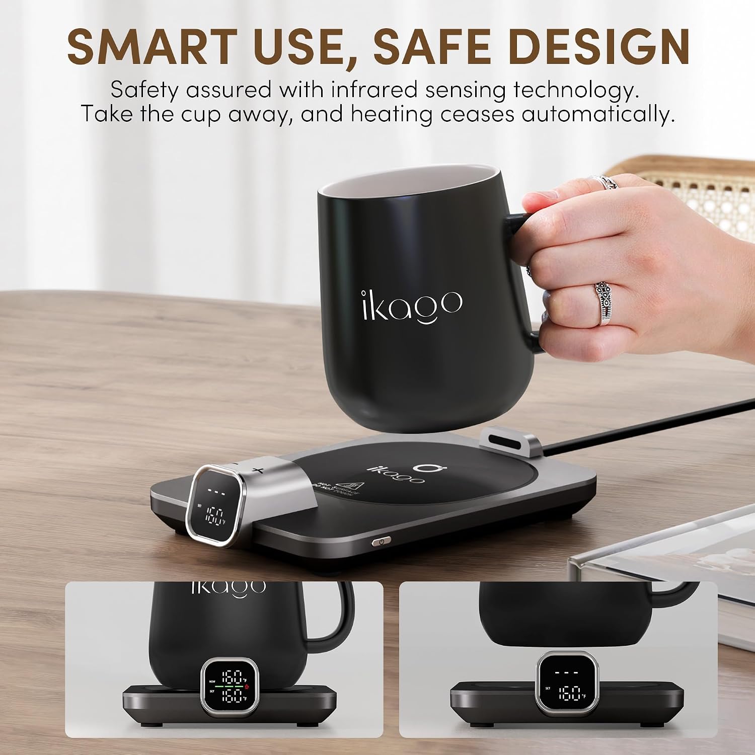 Coffee Cup Warmer & iKago Mug Set, 1℉ Precise Temp Control Mug Warmer | Auto Shut Off, Infrared Sensor, Dual Temp Display, ℉/℃ Optional, 15oz Mug with Spoon & Lid Included, Gifts for Men Women