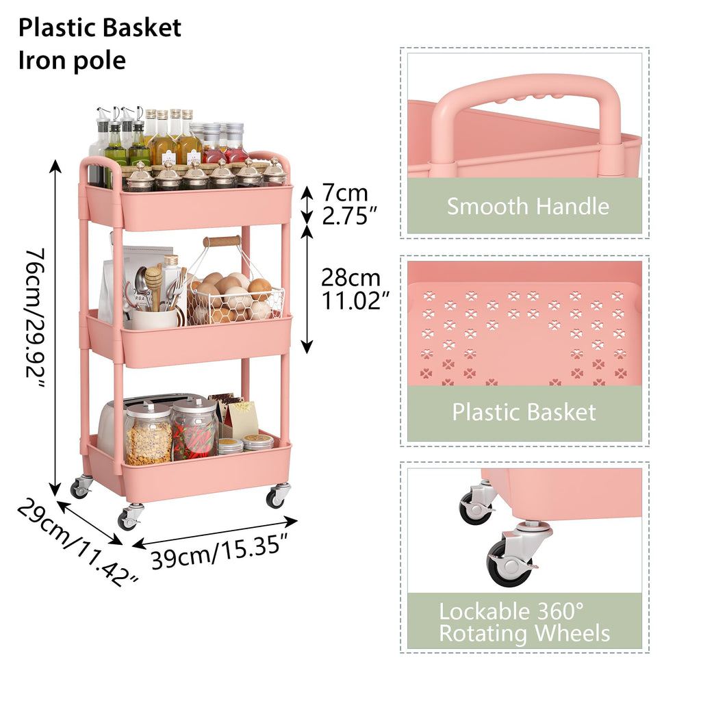 Sywhitta 3-Tier Plastic Rolling Utility Cart with Handle, Multi-Functional Storage Trolley for Office, Living Room, Kitchen, Movable Storage Organizer with Wheels, Black