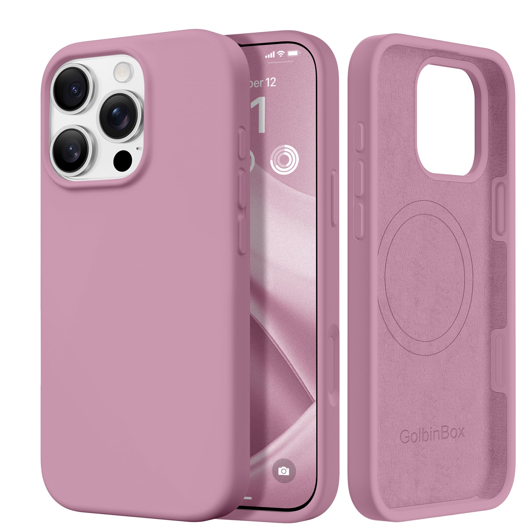 GolbinBox Magnetic for iPhone 17 Pro Max Case, Compatible with MagSafe, [Full Camera Protection] [Screen Protector], Silicone Shockproof Phone Cover with Anti-Scratch Microfiber Lining, Chalk Pink