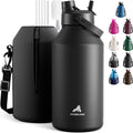 POWCAN 64 oz Insulated Water Bottle for Sports: 2-in-1 Straw & Spout Lid, Leakproof, Carrier Bag, Shoulder Strap, Keep Cold 48H, BPA-Free, Half Gallon Metal Water Jug for Gym, Travel, Gift (Midnight)