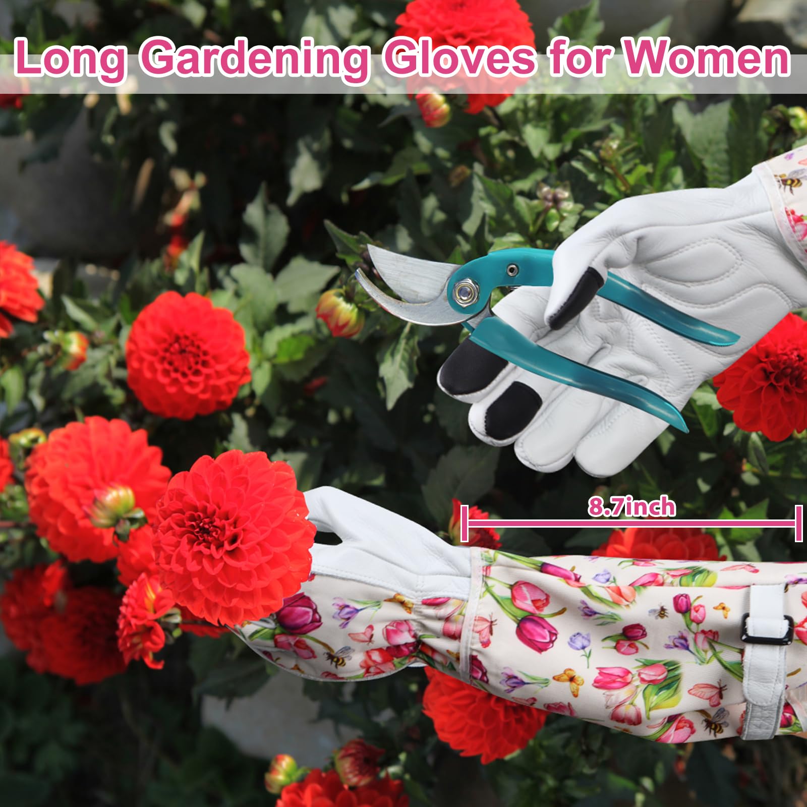 DLY Garden Gloves for Women,Gardening Gloves,Gardening Gift for Lady,Blue,M | Thornproof Cowhide Palm, Foam-Padded Grip, Long Sunflower Print Cuff, 3-Finger Touchscreen, Rose Pruning, Weeding & Yard Work