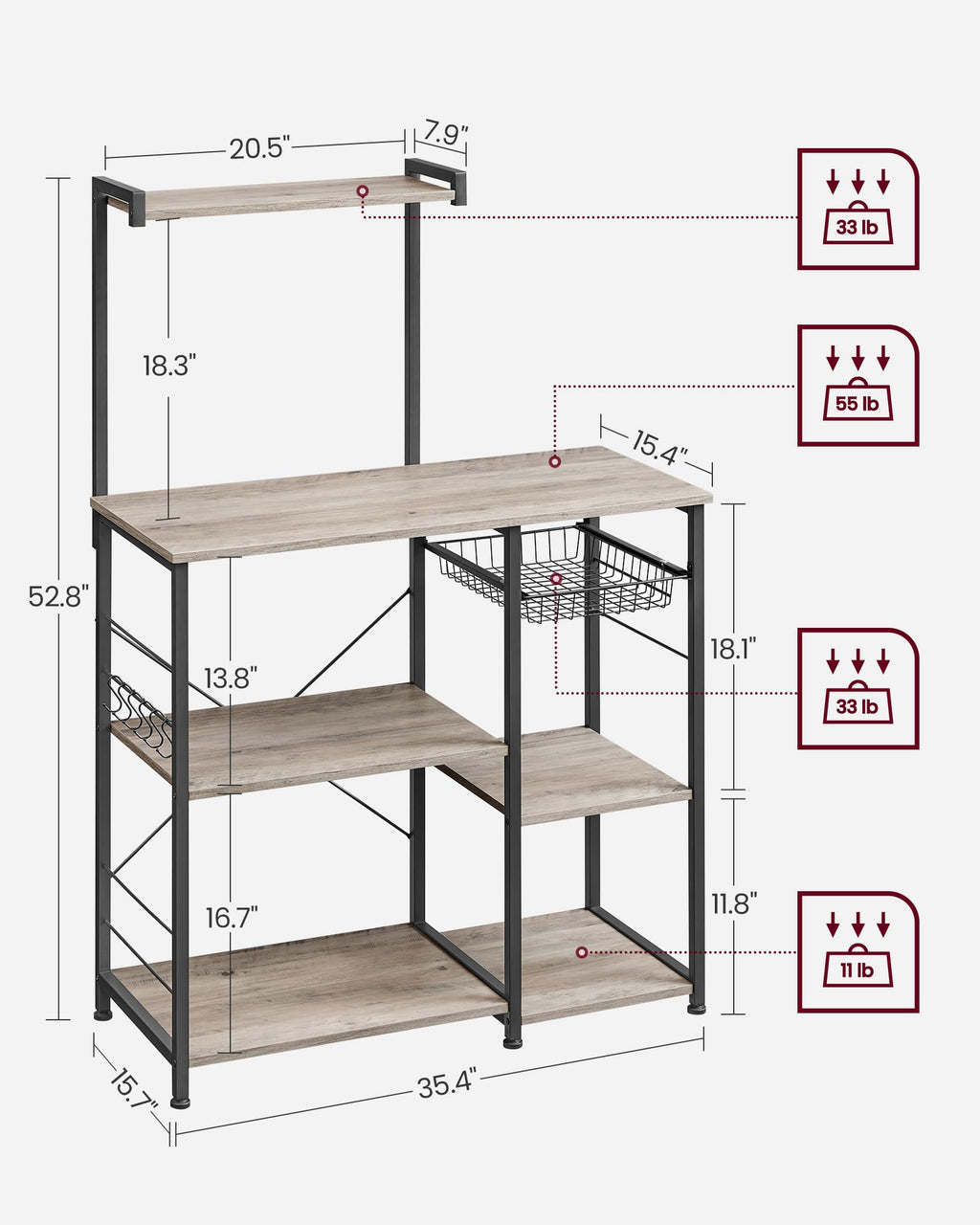 VASAGLE Kitchen Bakers Rack with Power Outlet, Coffee Bar with 35.4-Inch High Worktop, Microwave Stand with 8 Hooks, 15.7 x 31.5 x 66.9 Inches, Golden Oak and Cloud White UKKS059Y01