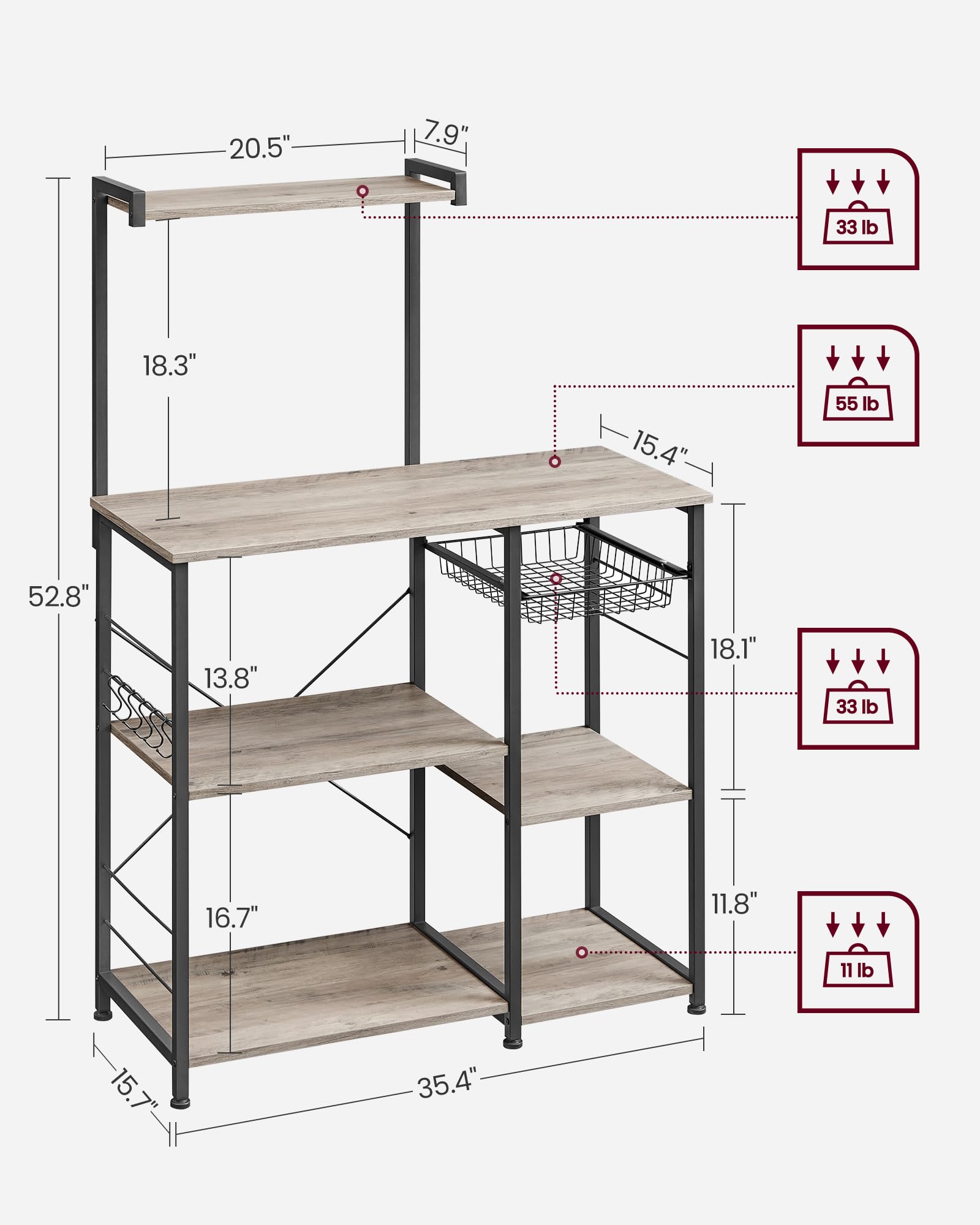VASAGLE Kitchen Bakers Rack with Power Outlet, Coffee Bar with 35.4-Inch High Worktop, Microwave Stand with 8 Hooks, 15.7 x 31.5 x 66.9 Inches, Golden Oak and Cloud White UKKS059Y01