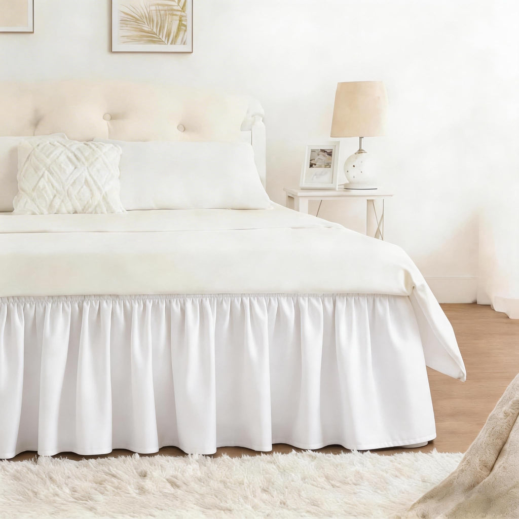 RIMELA Dorm Bed Skirt Twin XL 32 Inch Drop, Easy to Install Extra Long Wrap Around Elastic Dust Ruffle, White Bedskirt Solid Silky Fabric Machine Washable, Bedroom Decor