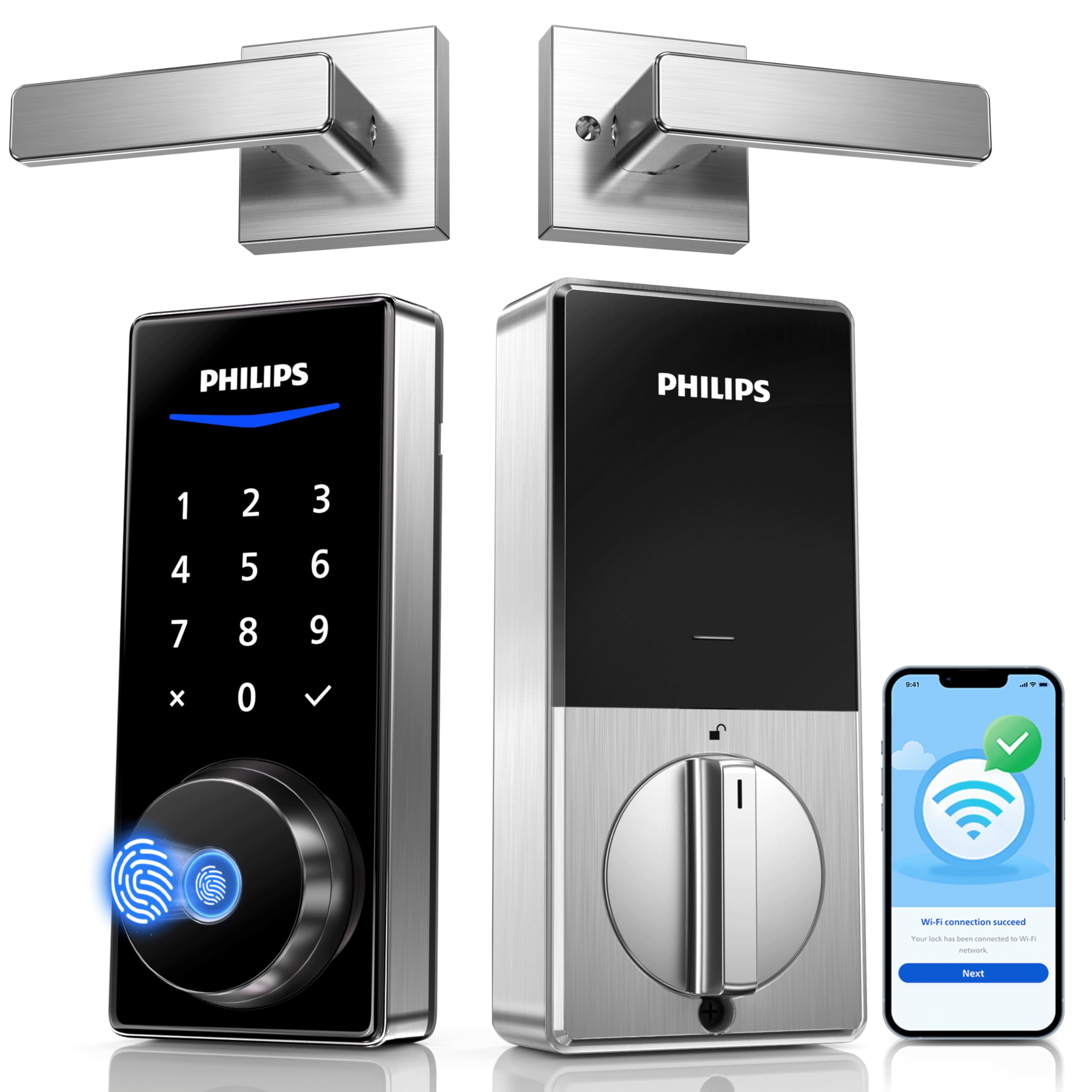 Philips Smart Lock with Handles, Keyless Entry Door Lock Set, Keypad Door Lock with 2 Level Handles, Digital Keypad Deadbolt for Front Door, App Fingerprint PIN Code Unlocking, Auto Locking