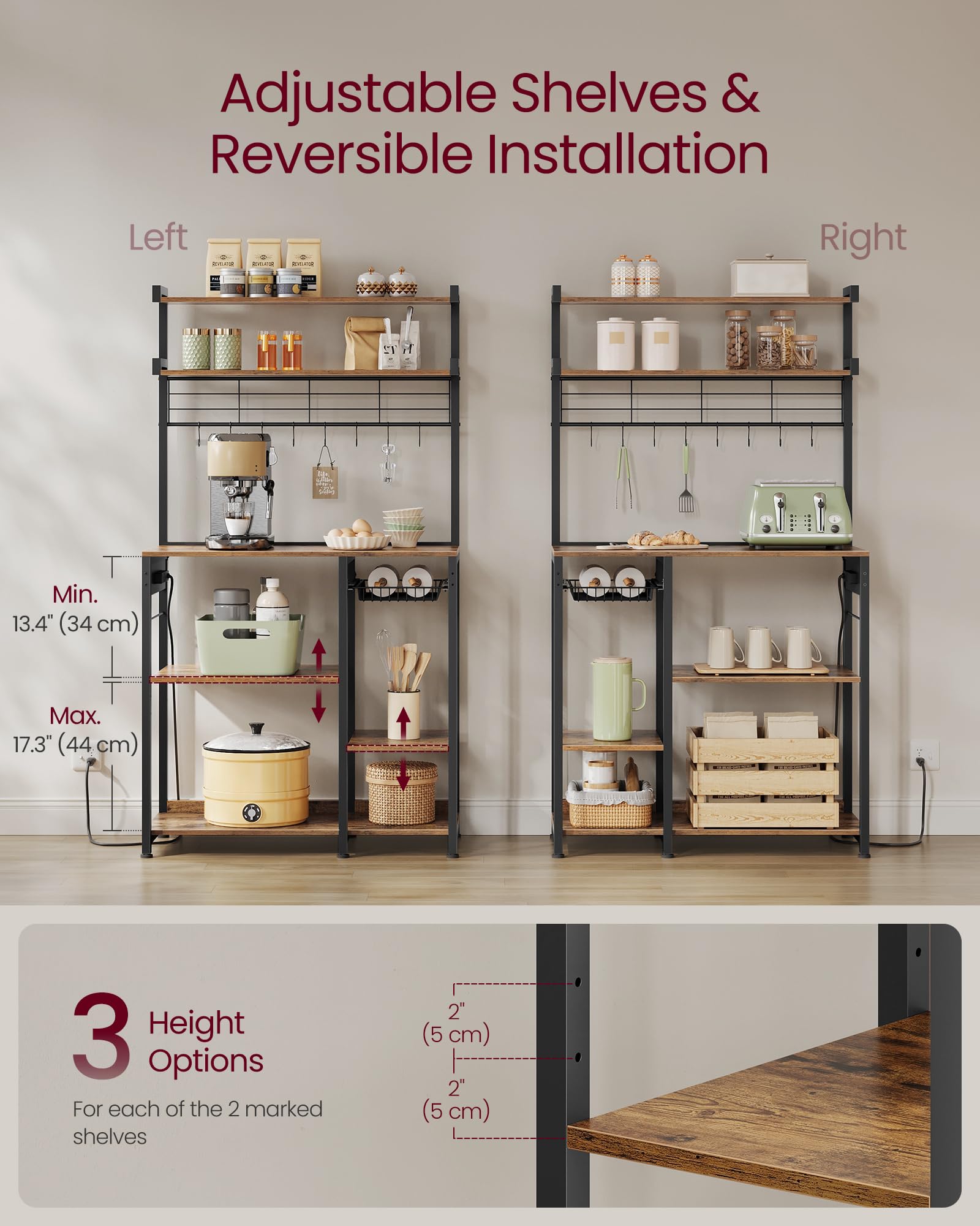 VASAGLE Kitchen Bakers Rack with Power Outlet, Coffee Bar with 35.4-Inch High Worktop, Microwave Stand with 8 Hooks, 15.7 x 31.5 x 66.9 Inches, Golden Oak and Cloud White UKKS059Y01