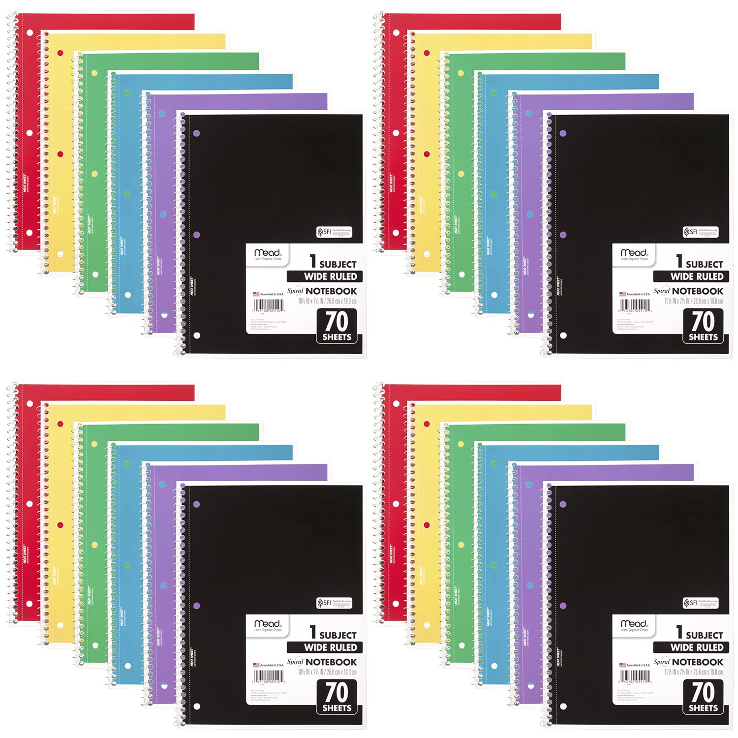 Mead Spiral Notebook, 6 Pack, 1 Subject, Wide Ruled Paper, 7-1/2" x 10-1/2", 70 Sheets per Notebook, Colors Will Vary (930201-ECM25)