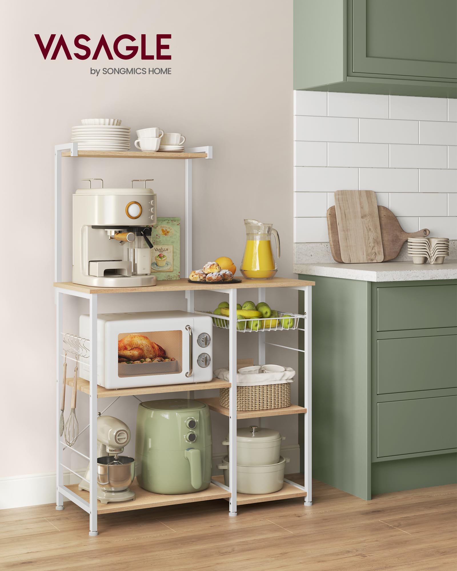 VASAGLE Kitchen Bakers Rack with Power Outlet, Coffee Bar with 35.4-Inch High Worktop, Microwave Stand with 8 Hooks, 15.7 x 31.5 x 66.9 Inches, Golden Oak and Cloud White UKKS059Y01