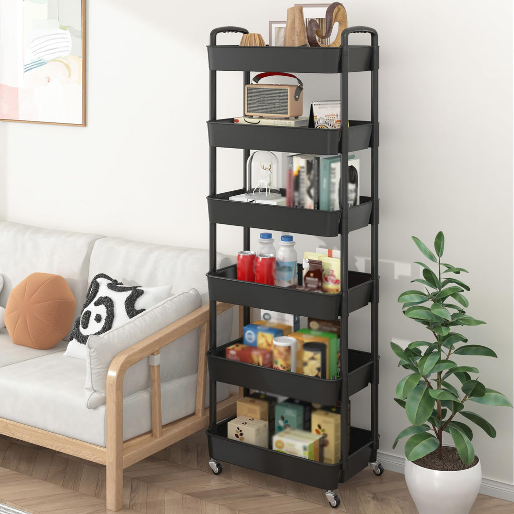 Sywhitta 3-Tier Plastic Rolling Utility Cart with Handle, Multi-Functional Storage Trolley for Office, Living Room, Kitchen, Movable Storage Organizer with Wheels, Black