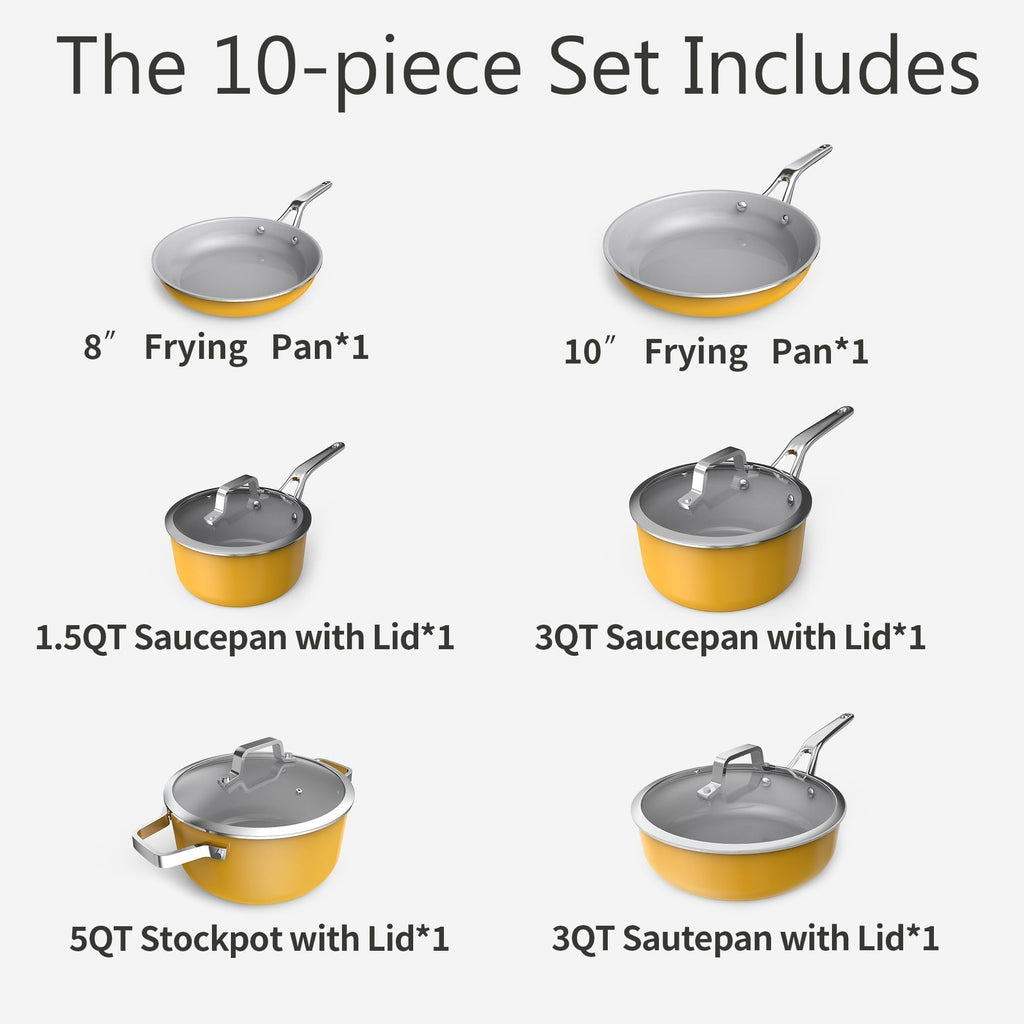 Ceramic Cookware Set, Pots & Pans Set, 10PC for RV and Apartment | Include saucepan, saute pan, stockpot, frying pans, oven safe to 480°F, dishwasher safe, non-toxic PFAS free, induction bases