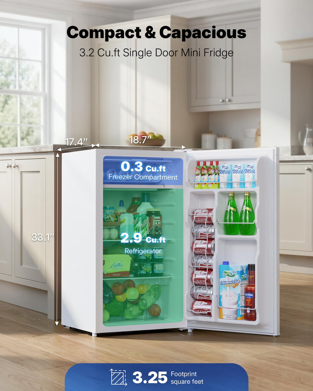 Upstreman 3.2 Cu.Ft Mini Fridge with Freezer, Quiet Efficient Small Fridge, Compact Refrigerator with Adjustable Thermostat, for Dorm, Bedroom, Office, Black-BR321