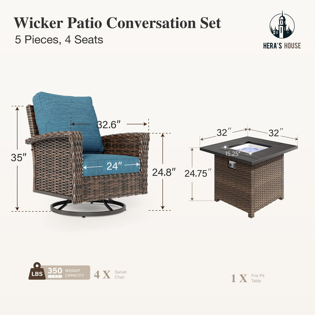 HERA'S HOUSE Patio Furniture Set, High Back Swivel Outdoor Chair with 5.5" Thick Cushions, Oversized Deep Seating Wicker Conversation Set for Lawn Backyard Deck, Navy Blue
