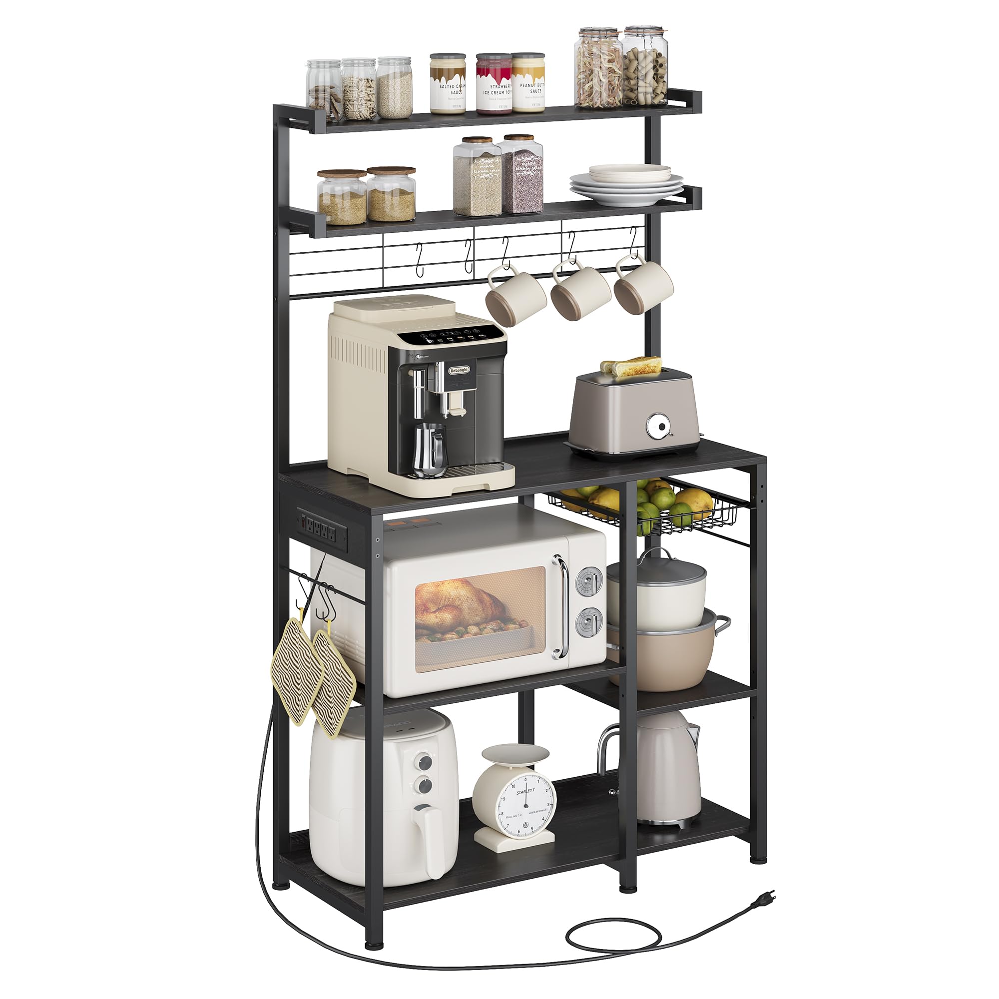 VASAGLE Kitchen Bakers Rack with Power Outlet, Coffee Bar with 35.4-Inch High Worktop, Microwave Stand with 8 Hooks, 15.7 x 31.5 x 66.9 Inches, Golden Oak and Cloud White UKKS059Y01