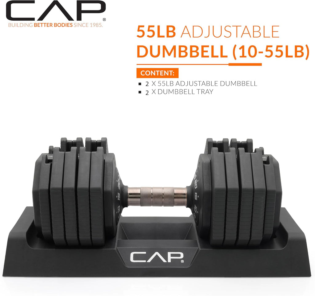 CAP ADJUSTABELL Adjustable Dumbbell Set, Premium Quick Select Adjustable Weights for Strength Training, Singles & Pairs, 12.5 LB, 25 LB & 55 LB, Round & Hex Dumbbells, Multiple Grip Handle Options
