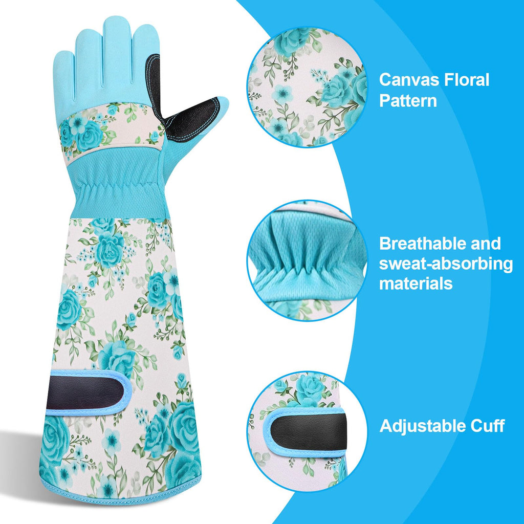 DLY Garden Gloves for Women,Gardening Gloves,Gardening Gift for Lady,Blue,M | Thornproof Cowhide Palm, Foam-Padded Grip, Long Sunflower Print Cuff, 3-Finger Touchscreen, Rose Pruning, Weeding & Yard Work