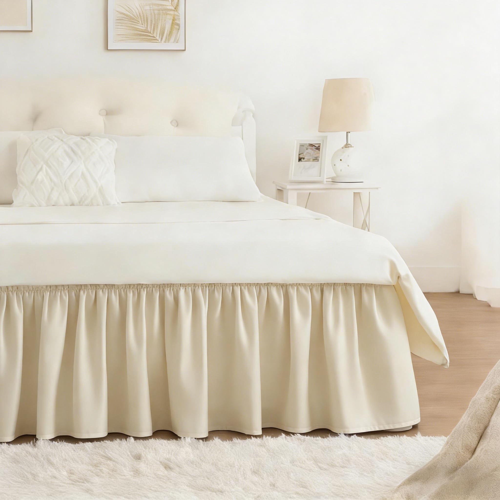 RIMELA Dorm Bed Skirt Twin XL 32 Inch Drop, Easy to Install Extra Long Wrap Around Elastic Dust Ruffle, White Bedskirt Solid Silky Fabric Machine Washable, Bedroom Decor