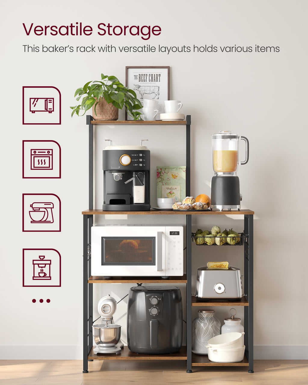 VASAGLE Kitchen Bakers Rack with Power Outlet, Coffee Bar with 35.4-Inch High Worktop, Microwave Stand with 8 Hooks, 15.7 x 31.5 x 66.9 Inches, Golden Oak and Cloud White UKKS059Y01