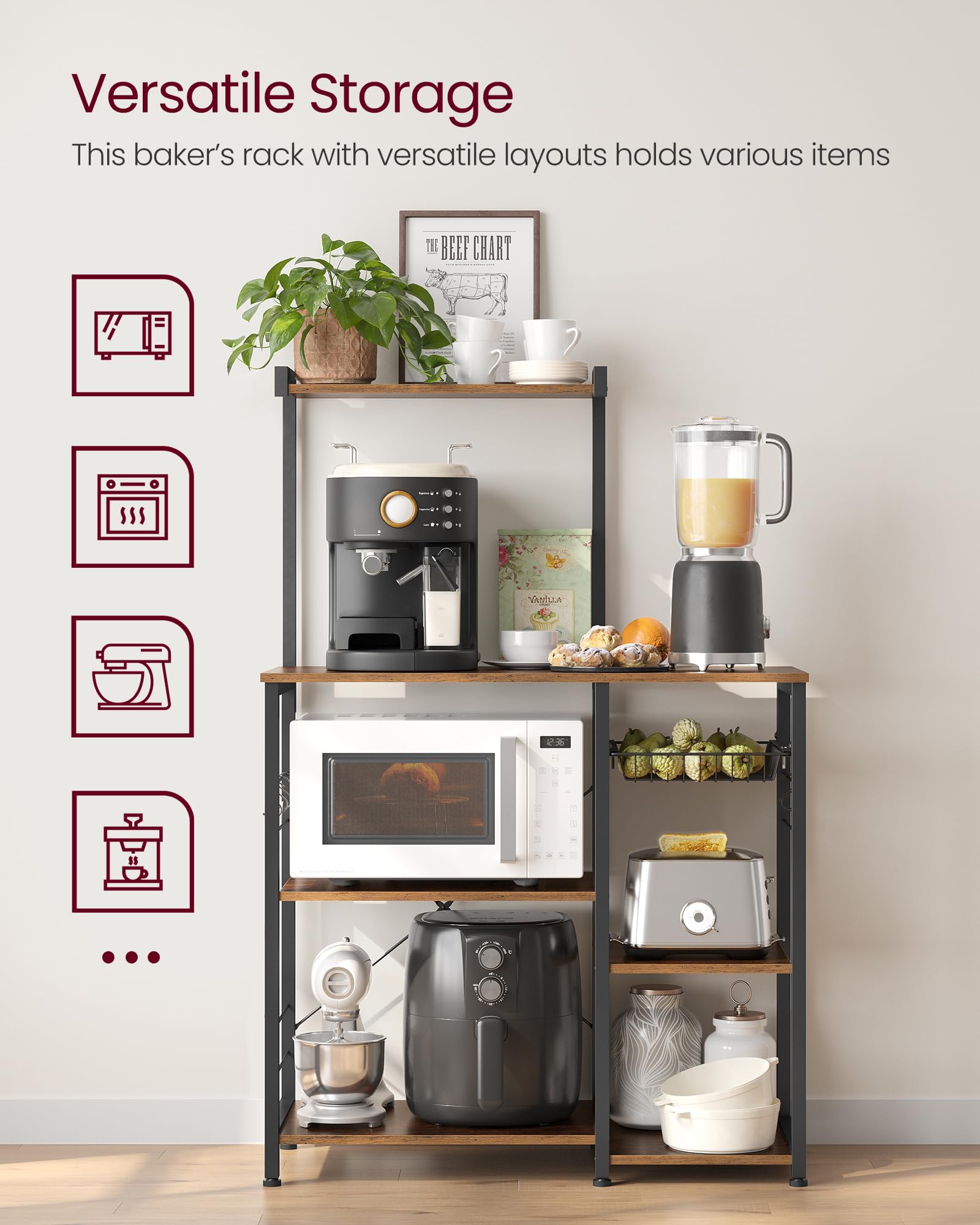 VASAGLE Kitchen Bakers Rack with Power Outlet, Coffee Bar with 35.4-Inch High Worktop, Microwave Stand with 8 Hooks, 15.7 x 31.5 x 66.9 Inches, Golden Oak and Cloud White UKKS059Y01