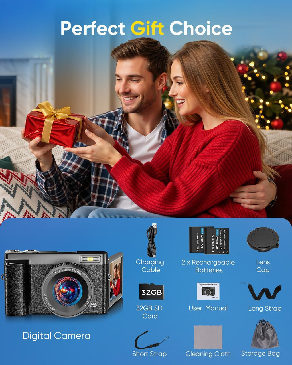 4K Digital Camera 64MP WiFi 180° Flip Screen Autofocus Compact, Black | 16X Zoom Anti-Shake Travel Vlogging YouTube Photography Webcam Filters Scene Modes 32GB Card Dual Rechargeable Batteries
