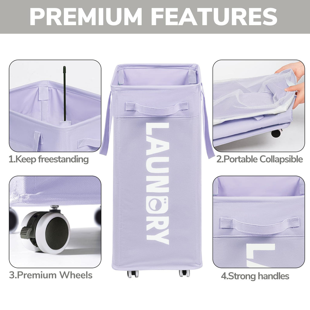 Goodpick Pink Laundry Basket with Wheels, Dorm Room Essentials for Girls, 75L Collapsible Laundry Basket, Laundry Hamper with Handle for College Dorm
