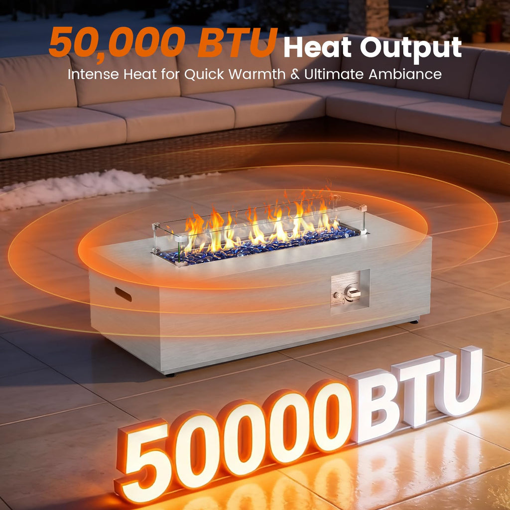 SUNPEAK 42" Modern Fire Pit Table with LED Light 50,000 BTU Deck Fire Pit Table Includes Wind Guard, Lid, Rocks & Cover - Propane Gas Patio Fireplace, Chimenea para Patio (Grey/Golden Light, 42" LED)