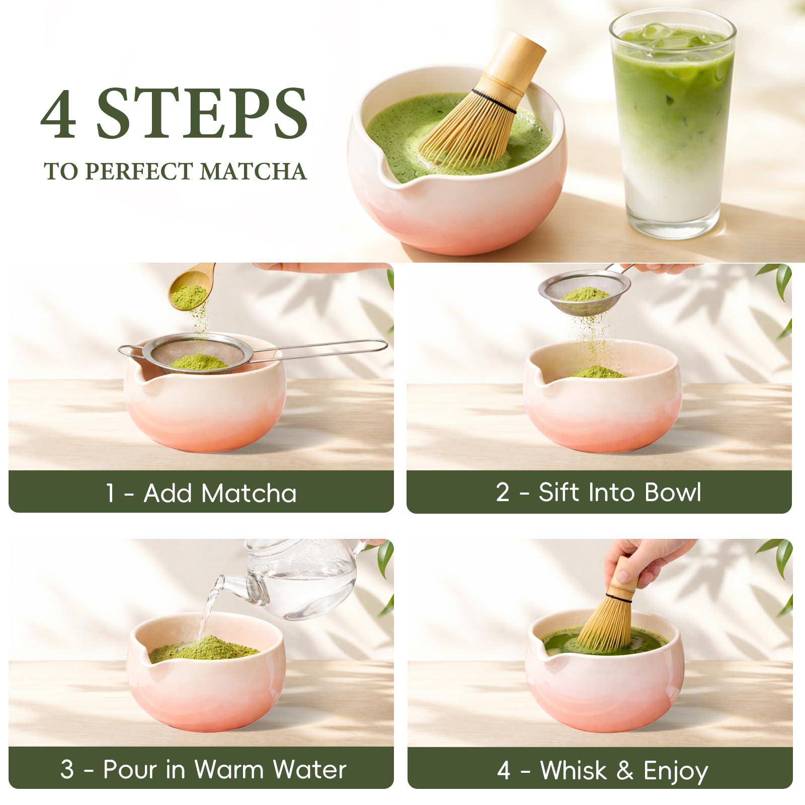 Matcha Whisk Set, Ceramic Matcha Set Includes Bowl & Holder, Bamboo Whisk (Chasen), Scoop, Spoon and Sifter, 6PCS Matcha Kit Covers Everything Needed for Making Matcha (Green)
