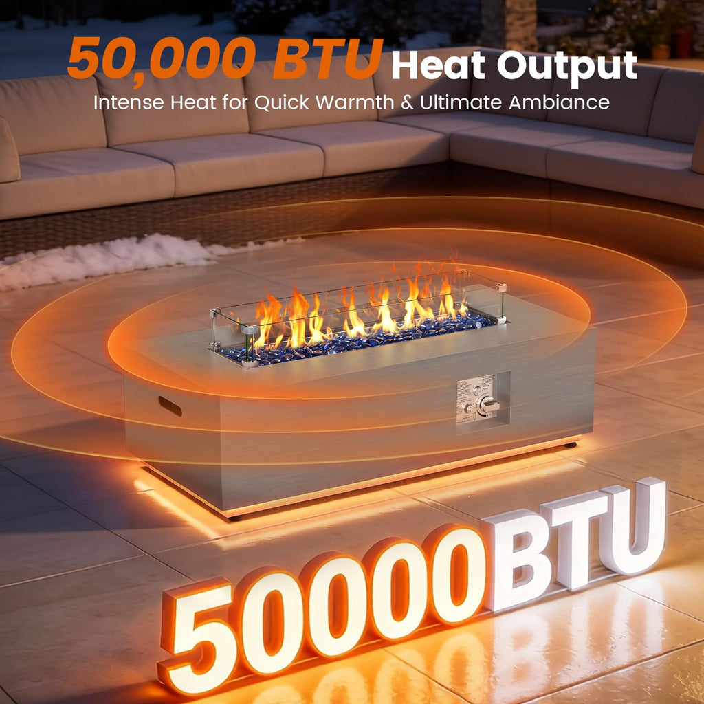 SUNPEAK 42" Modern Fire Pit Table with LED Light 50,000 BTU Deck Fire Pit Table Includes Wind Guard, Lid, Rocks & Cover - Propane Gas Patio Fireplace, Chimenea para Patio (Grey/Golden Light, 42" LED)
