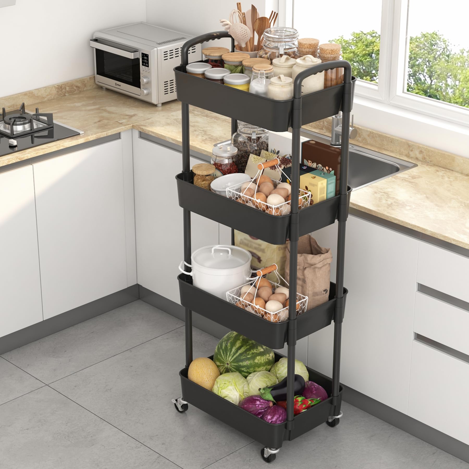Sywhitta 3-Tier Plastic Rolling Utility Cart with Handle, Multi-Functional Storage Trolley for Office, Living Room, Kitchen, Movable Storage Organizer with Wheels, Black