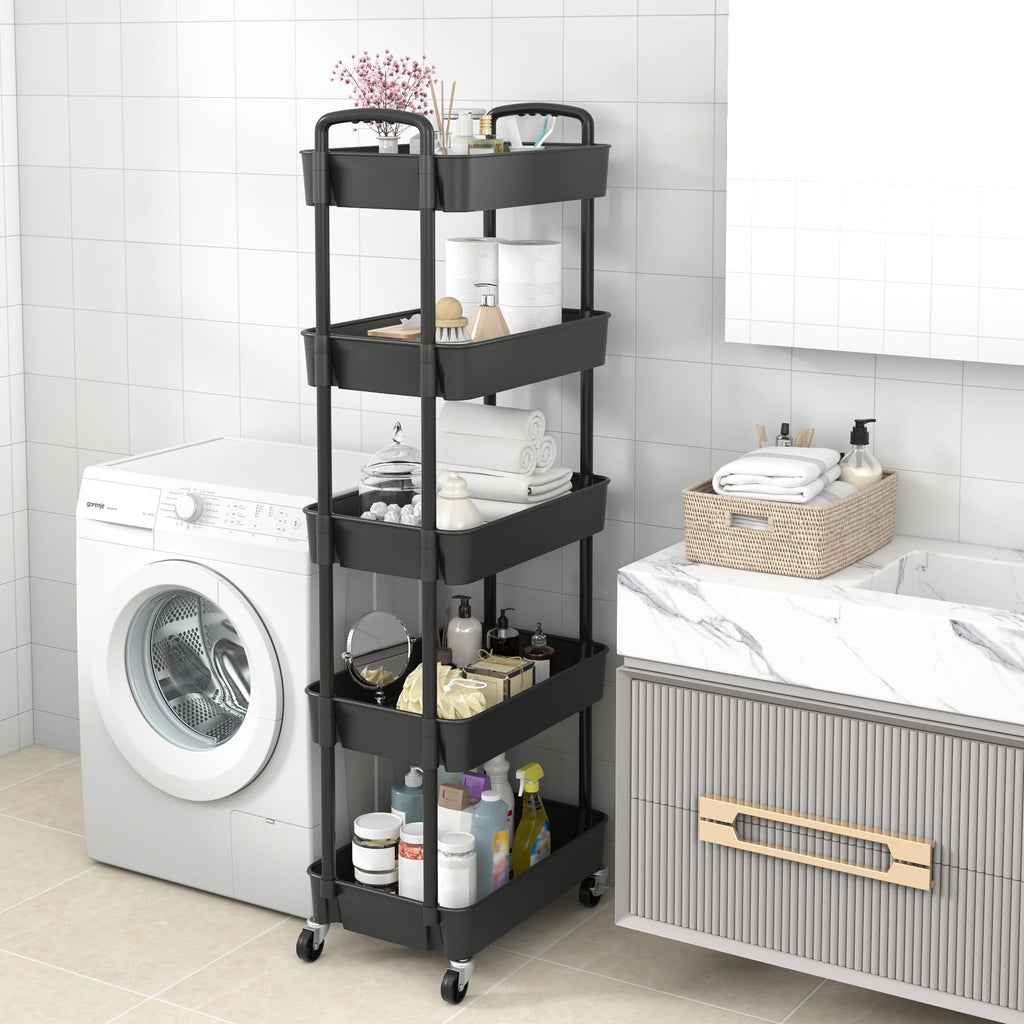 Sywhitta 3-Tier Plastic Rolling Utility Cart with Handle, Multi-Functional Storage Trolley for Office, Living Room, Kitchen, Movable Storage Organizer with Wheels, Black