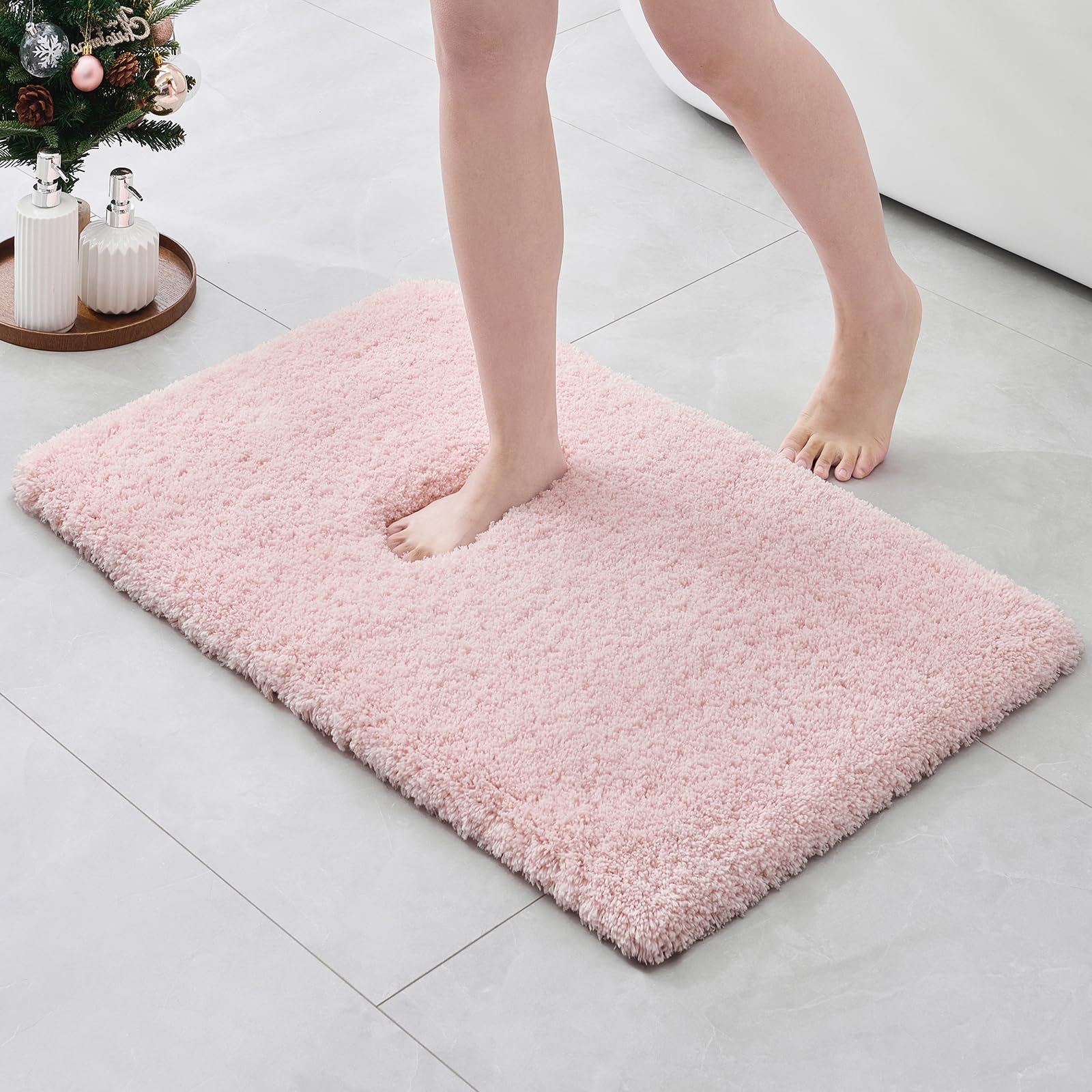 ILANGO Pink Bathroom Rugs 24" × 17" Non Slip & Super Absorbent Extra Thick Soft, Washable Bath Mat for Floor, Non Shedding Microfiber Plush Holiday Bath Rug with Rubber for Shower Sink