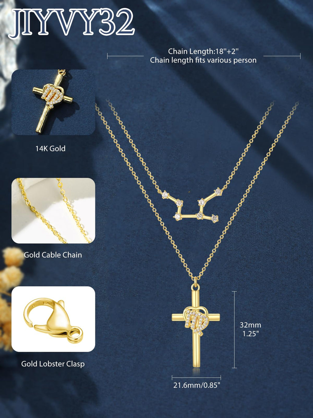 14K Gold Zodiac Cross Layered Necklace for Women - Horoscope Constellation Pendant with Cross,Luxury Anniversary Birthday Mothers Day Gifts Jewelry (12 Zodiac Signs)