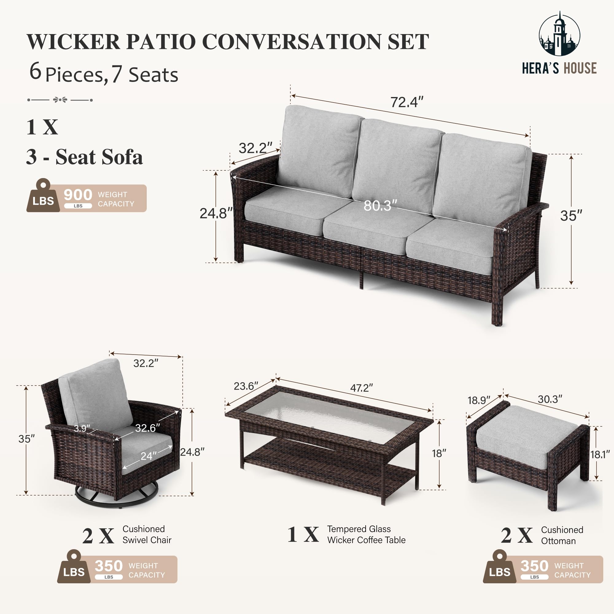 HERA'S HOUSE Patio Furniture Set, High Back Swivel Outdoor Chair with 5.5" Thick Cushions, Oversized Deep Seating Wicker Conversation Set for Lawn Backyard Deck, Navy Blue