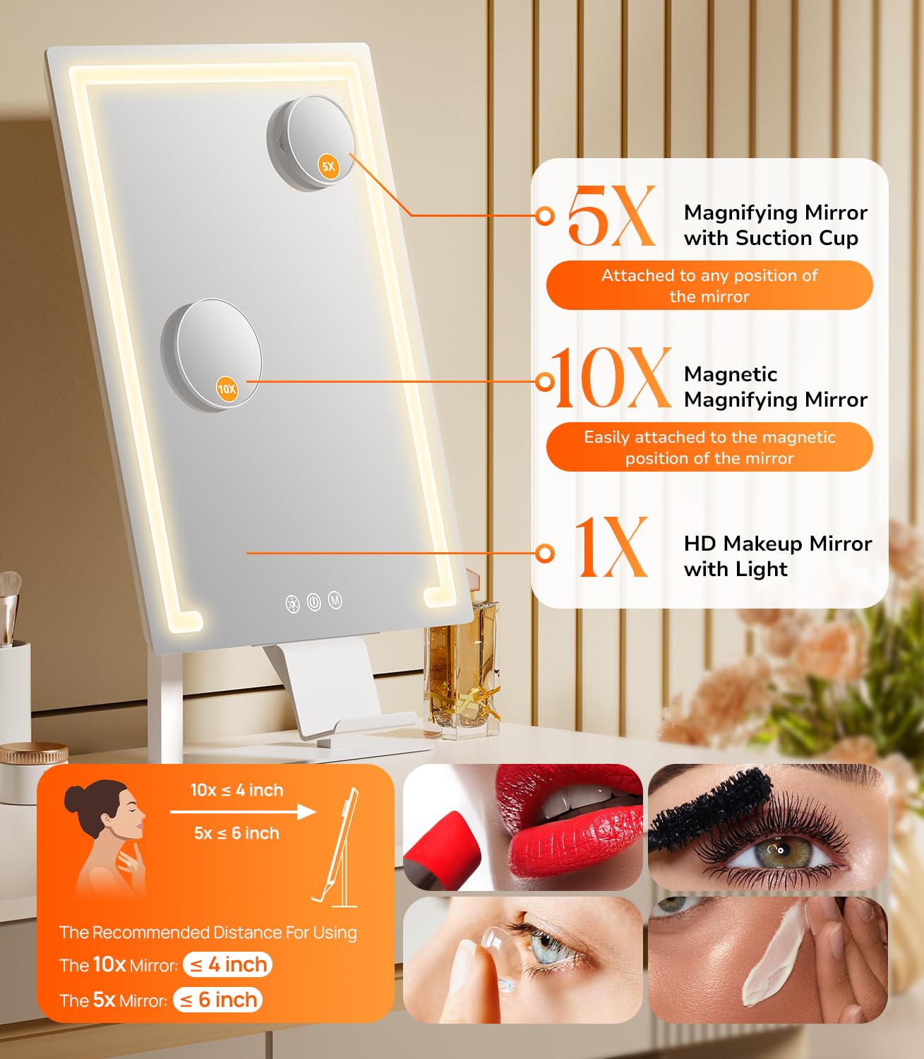 Gospire Lighted Makeup Mirror, Hollywood 4000mAh Rechargeable Vanity Mirror with 5X/10X Magnification, 3-Color Dimmable Lighting, Touch Control, Phone Holder, 11”x16.8” LED Tabletop Mirror for Bedroom