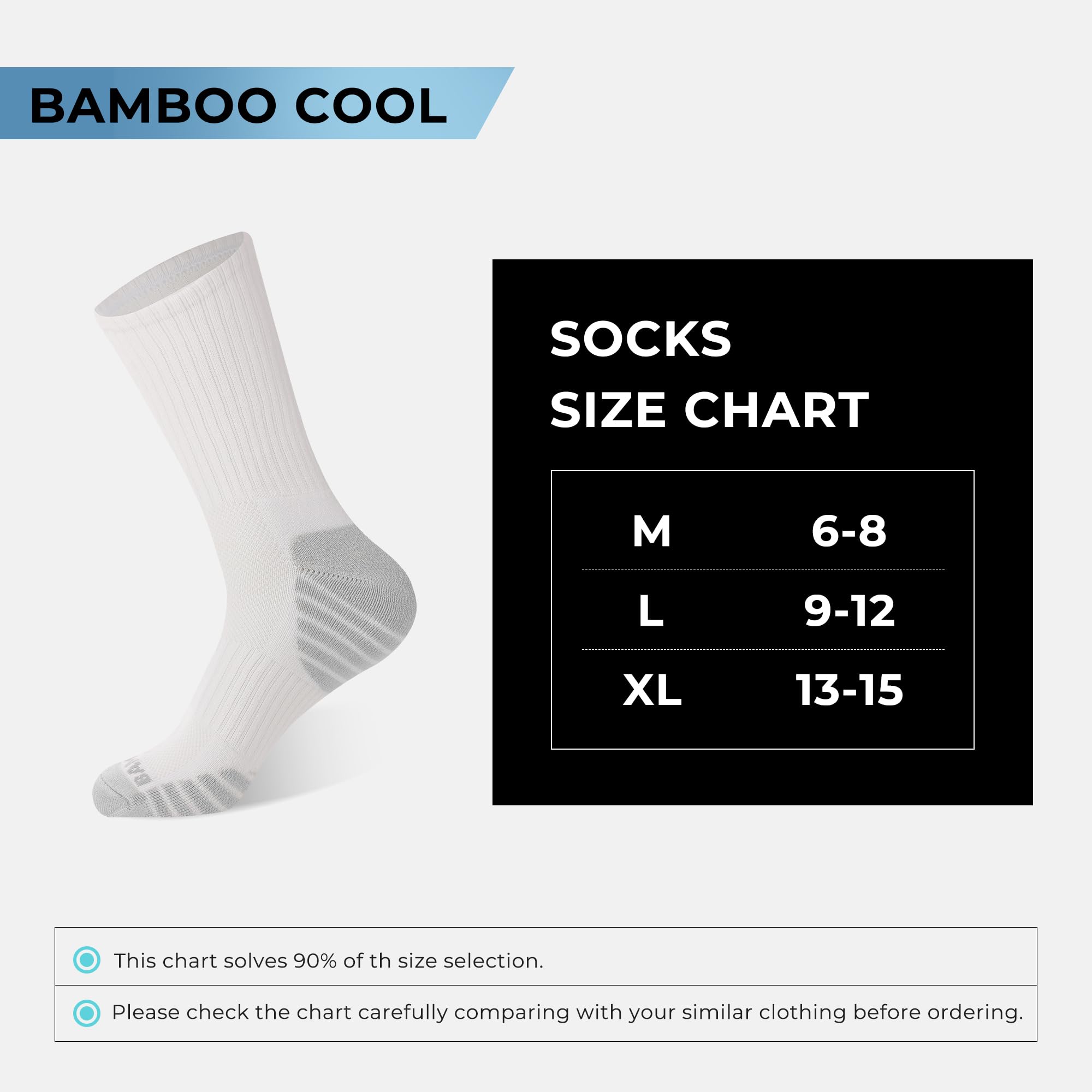 BAMBOO COOL Men's Crew Socks Athletic Running Sports Socks, Cushioned Moisture Wicking, Breathable Arch Support 6 Pack