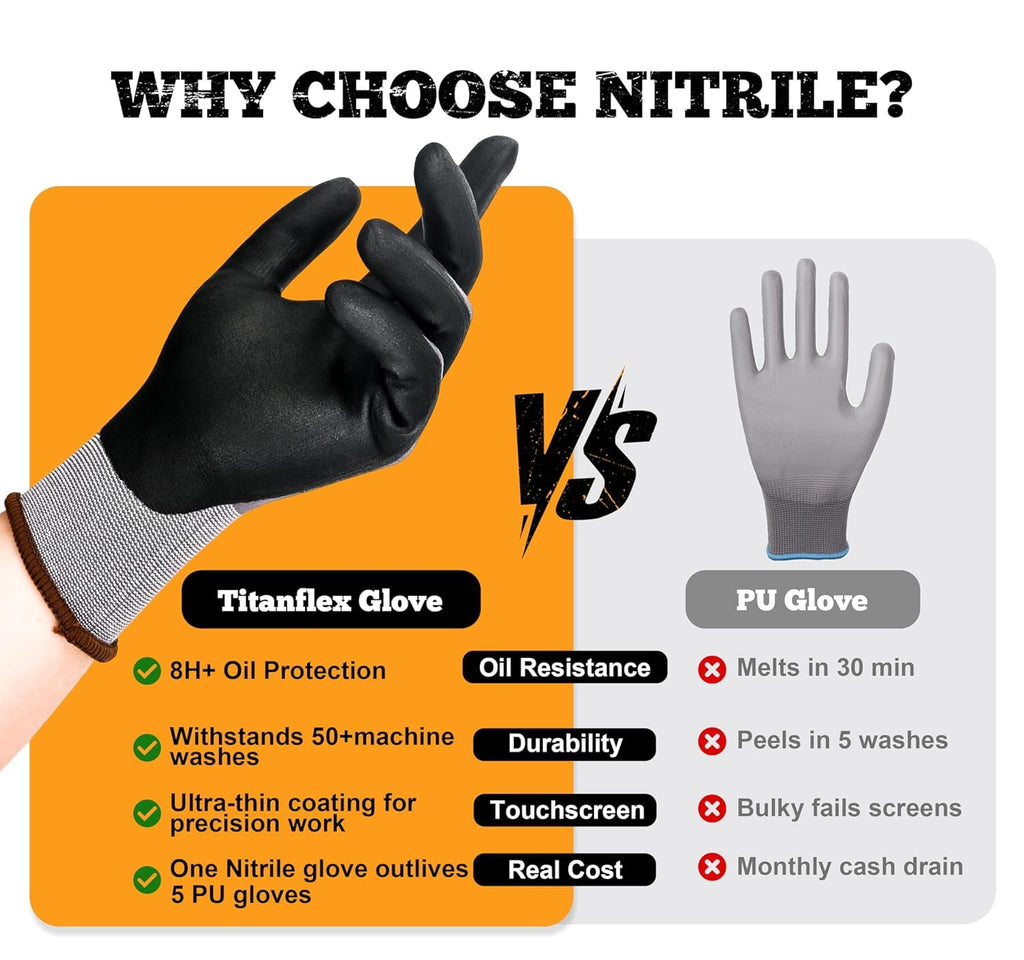 TitanFlex Work Gloves Microfoam Nitrile Coated Men Women-6 Pairs, Safety Warehouse Gloves Mens Working Glove with Grip Heavy Duty, Touchscreen, Seamless Knit Nylon for Automotive, Garden (Large)