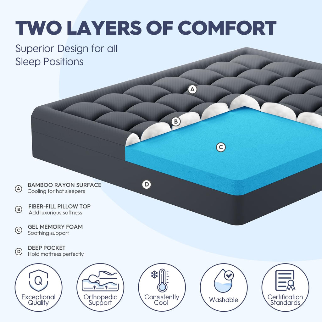 ELEMUSE Twin XL Dorm Dual Layer 3 Inch Memory Foam Mattress Topper for College, Dorm Room Essentials, 2 Inch Cooling Gel Foam and 1 Inch Soft Pillow Top Bed Pad,Back to School Comfortable Support