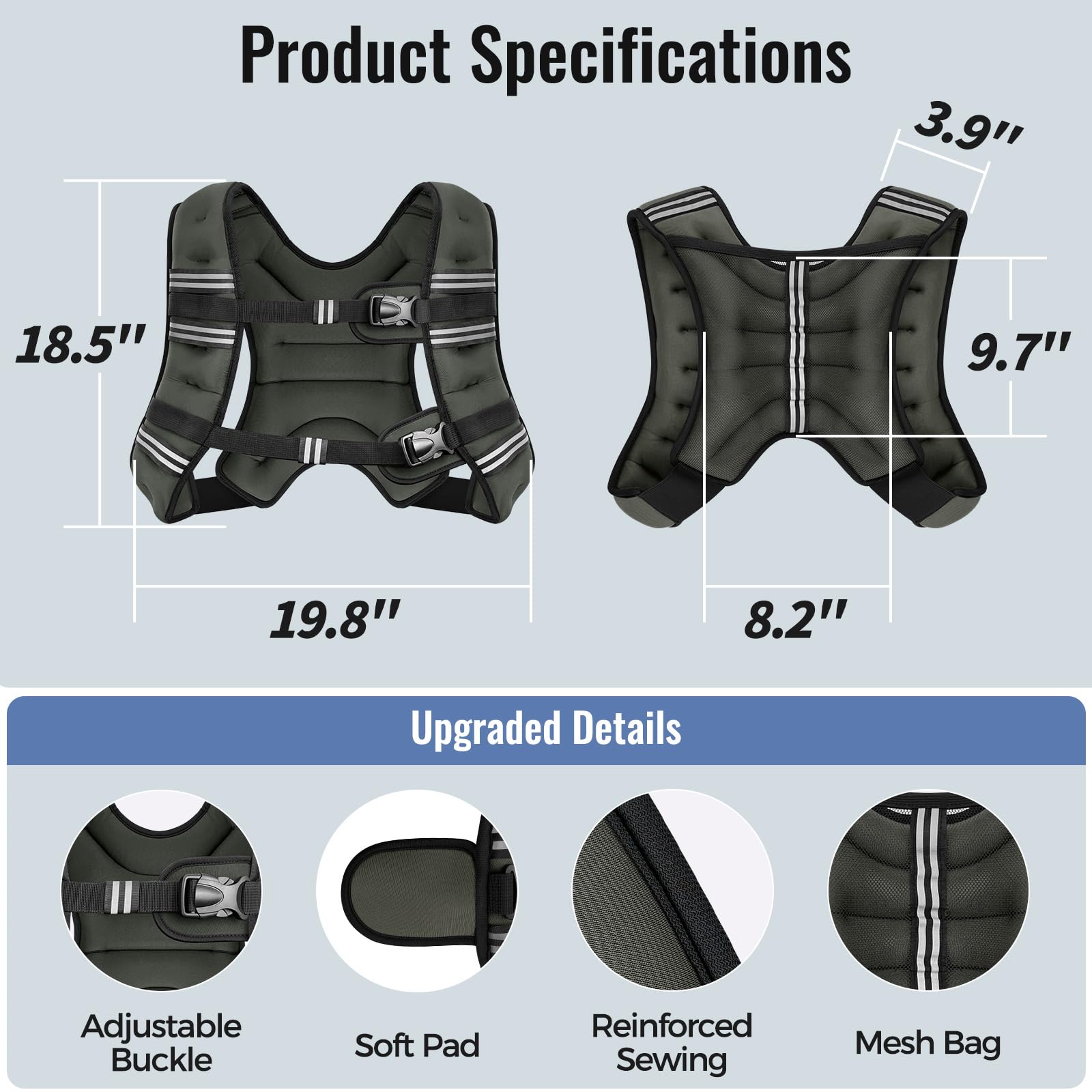 Zeerun Weighted Vest, 6lb/8lb/10lb/12lb/15lb/18lb/20lb/24lb/30lb for Men Women, Reflective Stripe Adjustable Buckle, Comfortable Durable Rucking Vest for Walking Running Strength Training