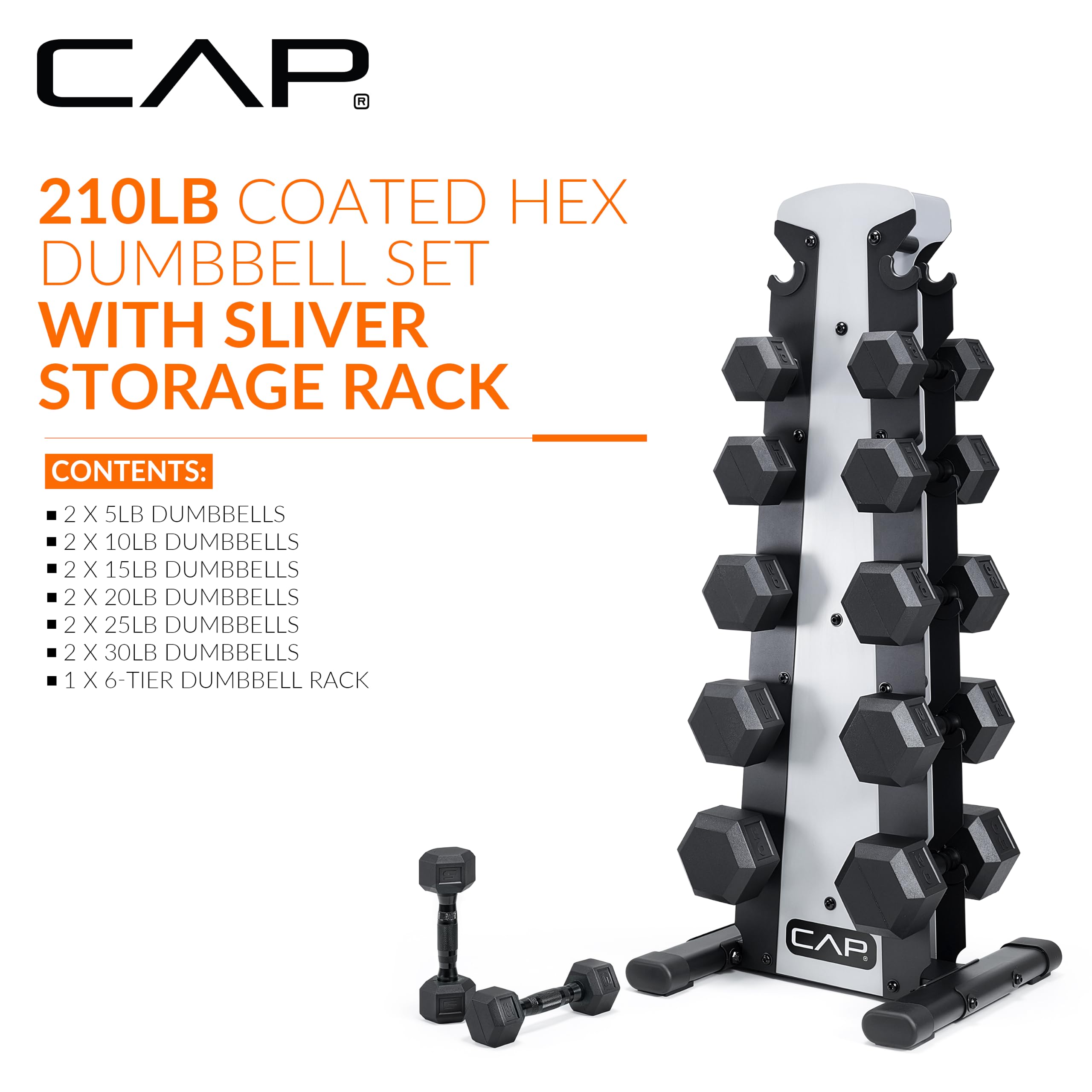 CAP Rubber Coated Hex Dumbbell Set with Storage Rack | 100–210 lb Options, Space-Saving Vertical Compact Storage for Home Gym Strength Training