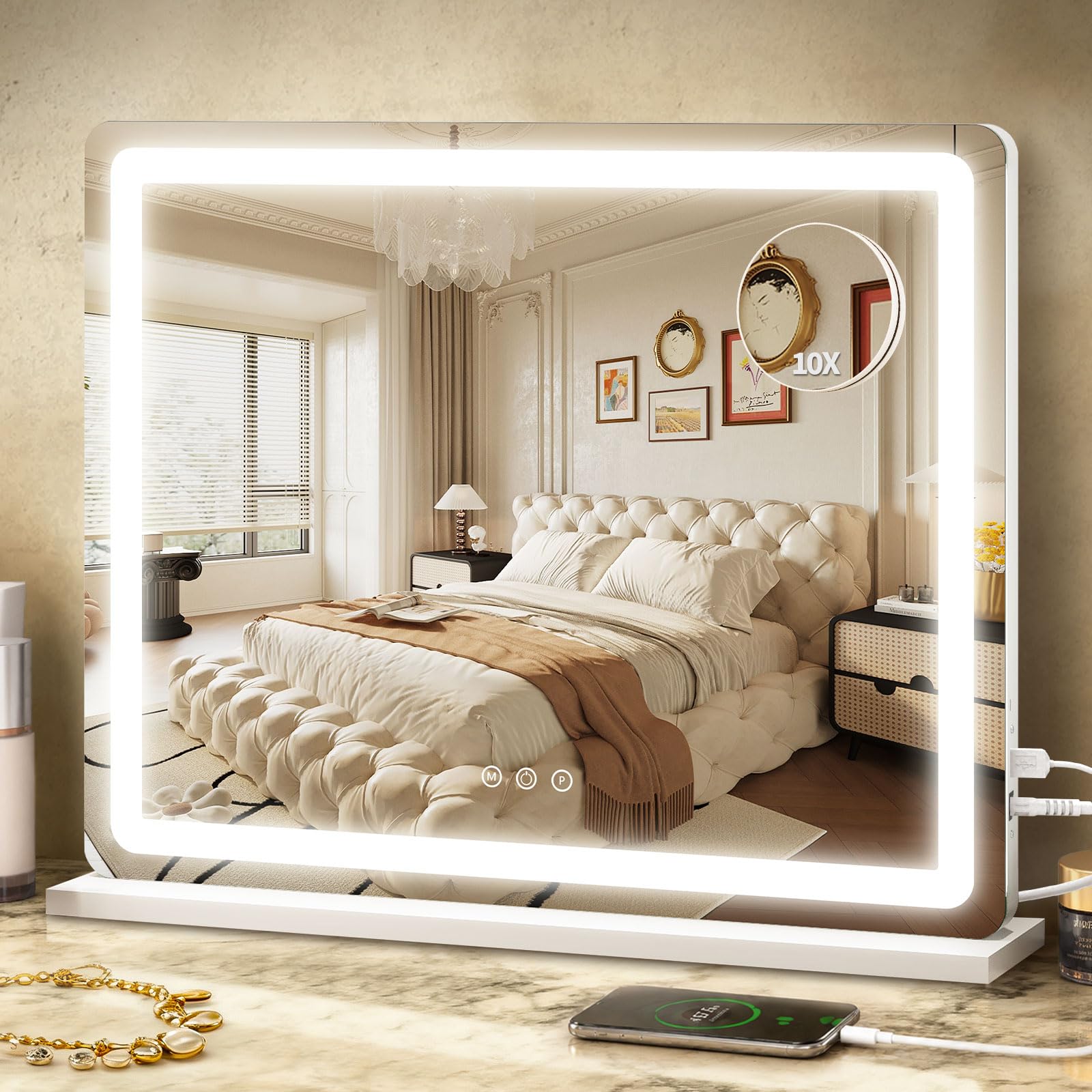 ROLOVE Vanity Mirror with Lights, 12.6"x15" LED Makeup Mirror with Lights, Smart Touch Control 3 Color Dimmable, Lighted Desk Mirror for Bedroom, Light Up Mirror