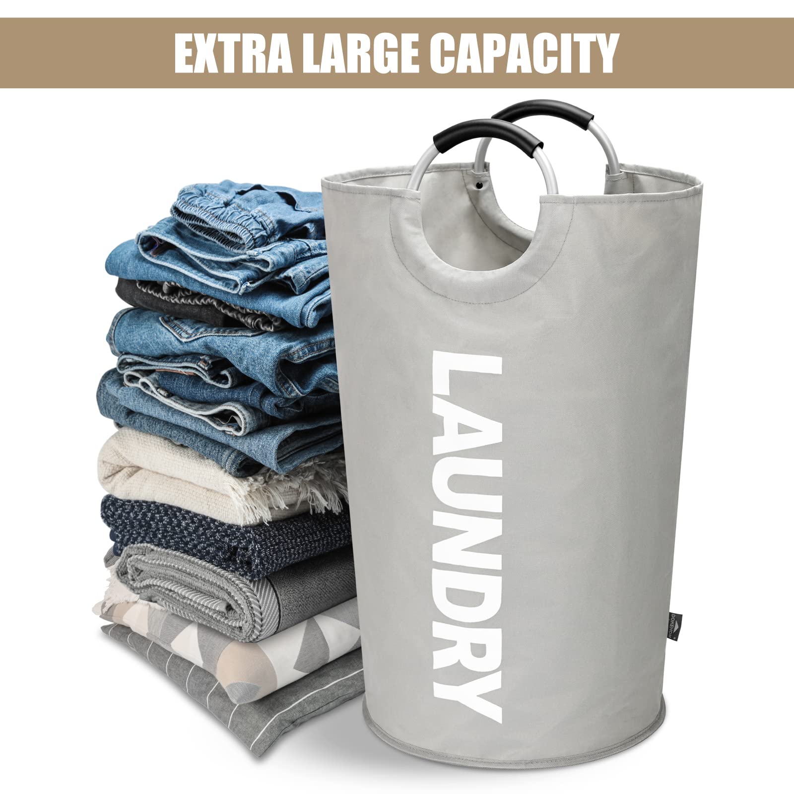 DOKEHOM 90L Large Laundry Basket, Collapsible Laundry Bag, Black | Freestanding tall clothes hamper & foldable washing bin. High-capacity clothes storage basket with durable sturdy handles