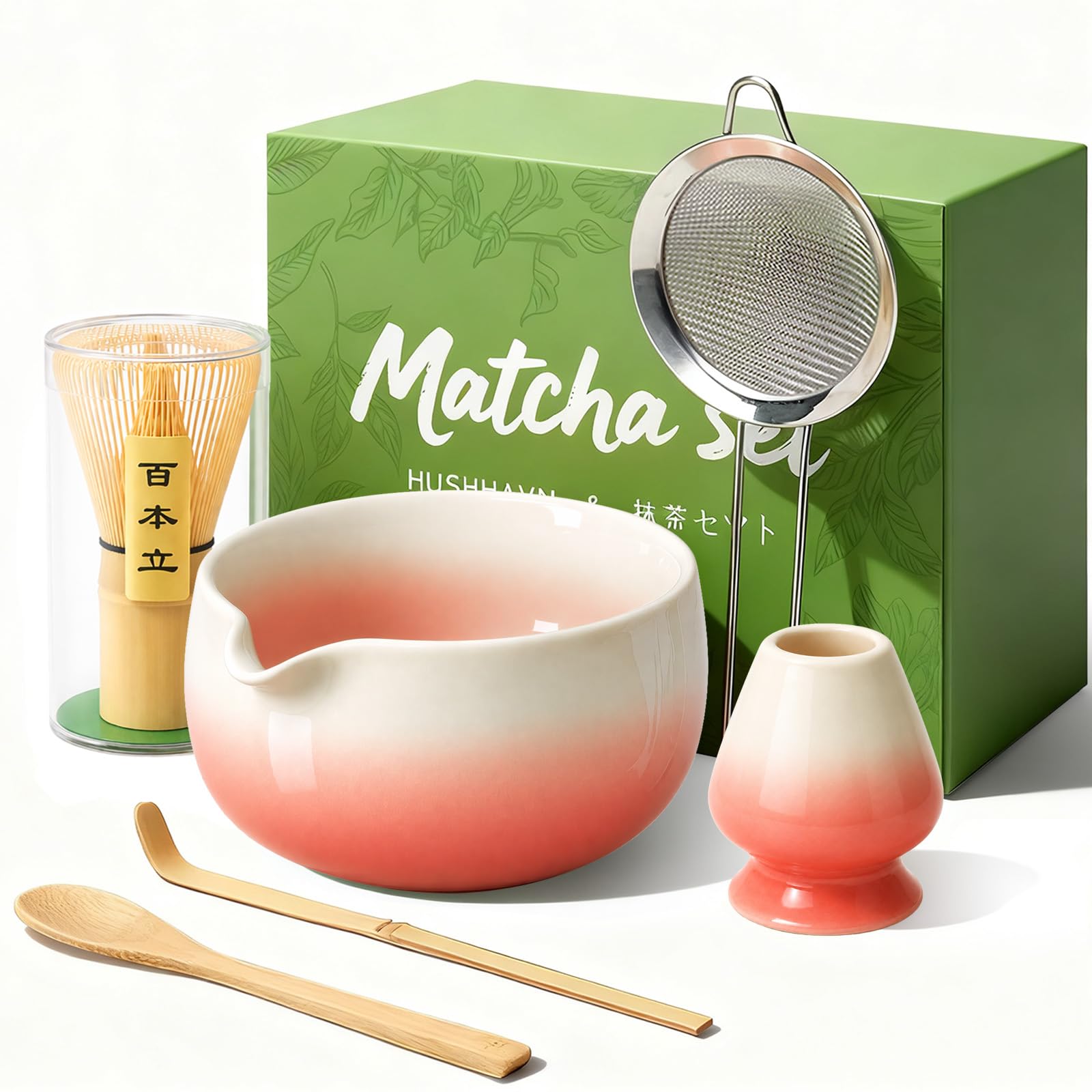 Matcha Whisk Set, Ceramic Matcha Set Includes Bowl & Holder, Bamboo Whisk (Chasen), Scoop, Spoon and Sifter, 6PCS Matcha Kit Covers Everything Needed for Making Matcha (Green)
