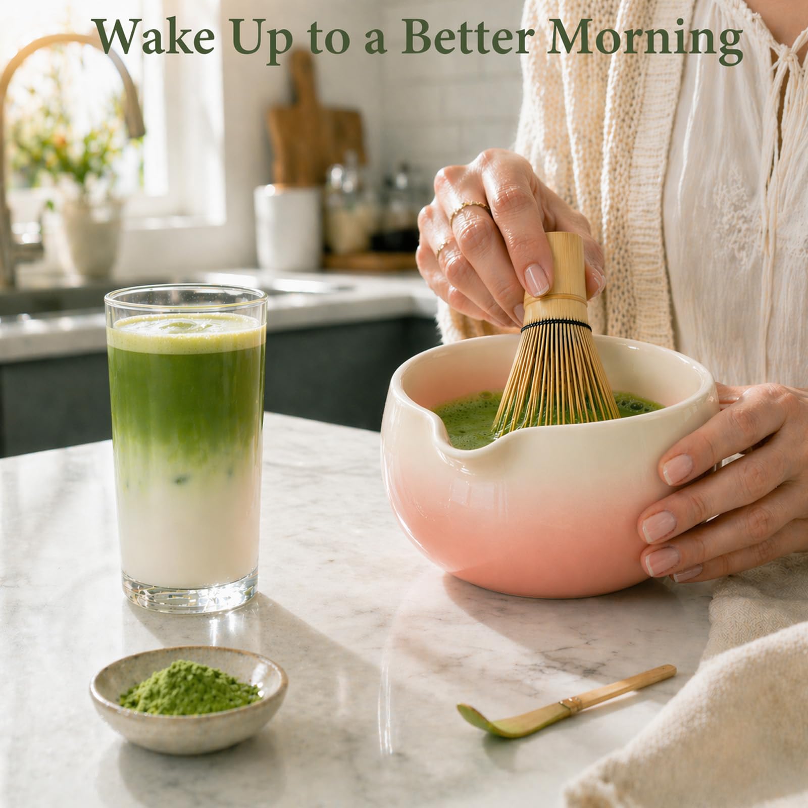 Matcha Whisk Set, Ceramic Matcha Set Includes Bowl & Holder, Bamboo Whisk (Chasen), Scoop, Spoon and Sifter, 6PCS Matcha Kit Covers Everything Needed for Making Matcha (Green)