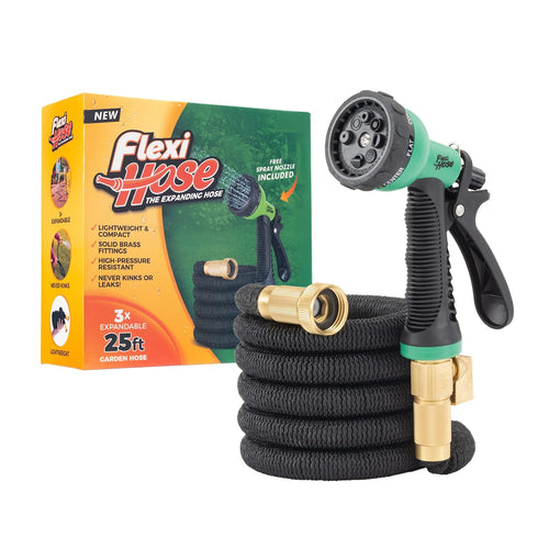 Flexi Hose Expandable Garden Hose with 8 Function Nozzle, 50FT - Lightweight Retractable Garden Hose, Water Hose - No-Kink Flexibility, 3/4 Inch Solid Brass Fittings and Double Latex Core