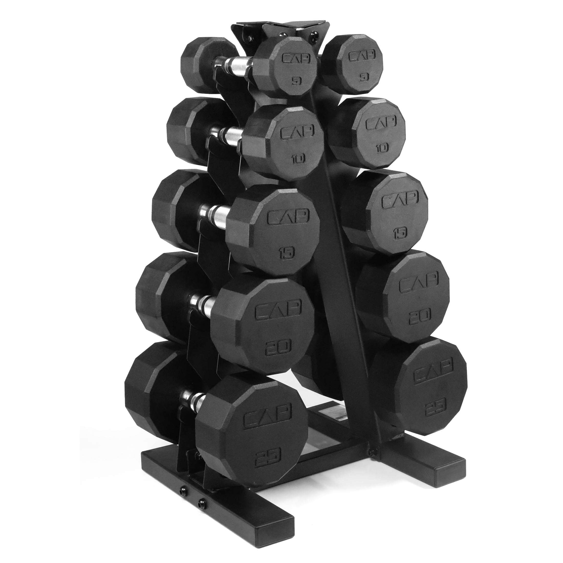 CAP Rubber Coated Hex Dumbbell Set with Storage Rack | 100–210 lb Options, Space-Saving Vertical Compact Storage for Home Gym Strength Training