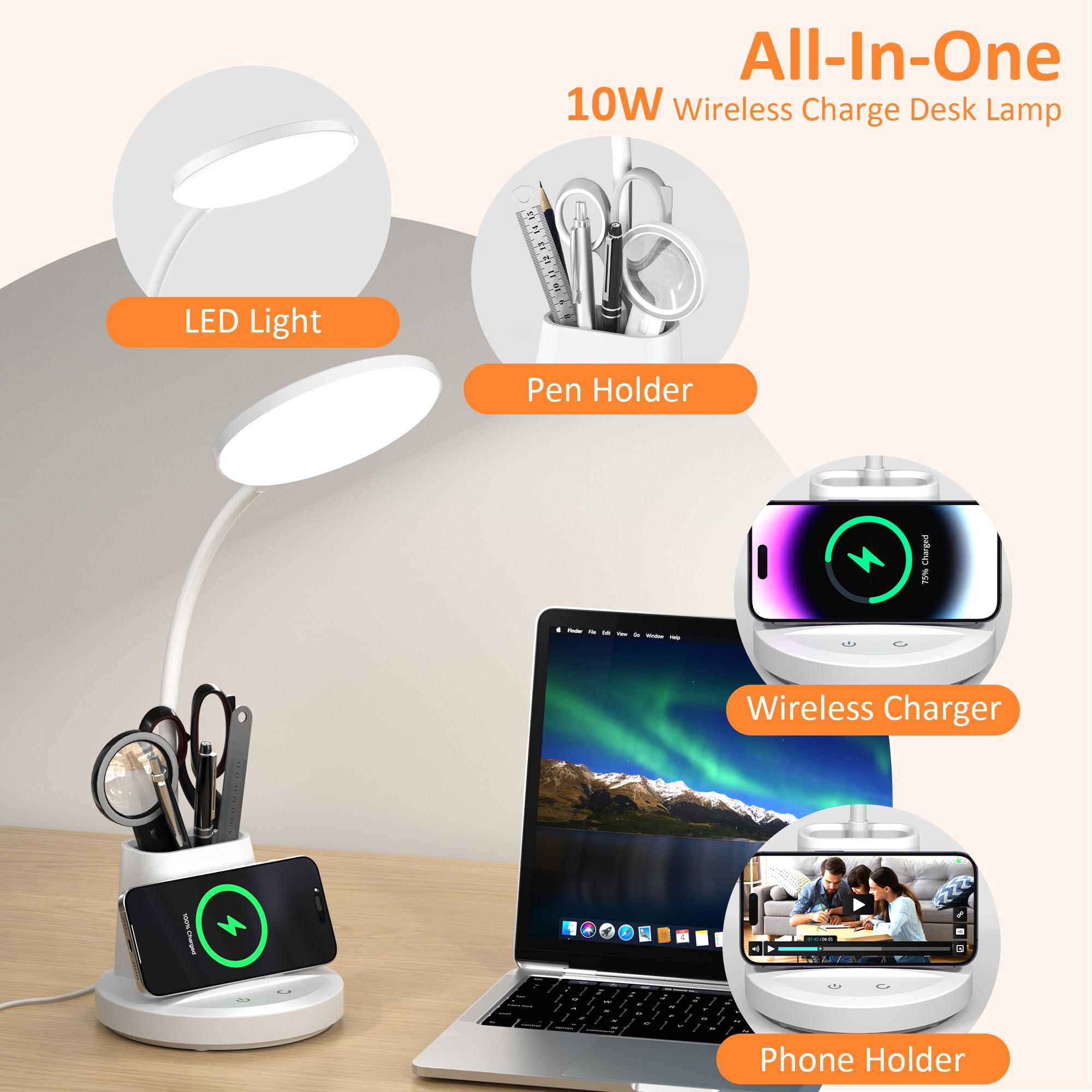 LED Desk Lamp with Wireless Charger for Home Office, Black | 3 Color Modes Dimmable Eye-Caring Study Desk Light for College Dorm Room, 360° Flexible Arm, Built-in Pen Holder, 800 Lumen