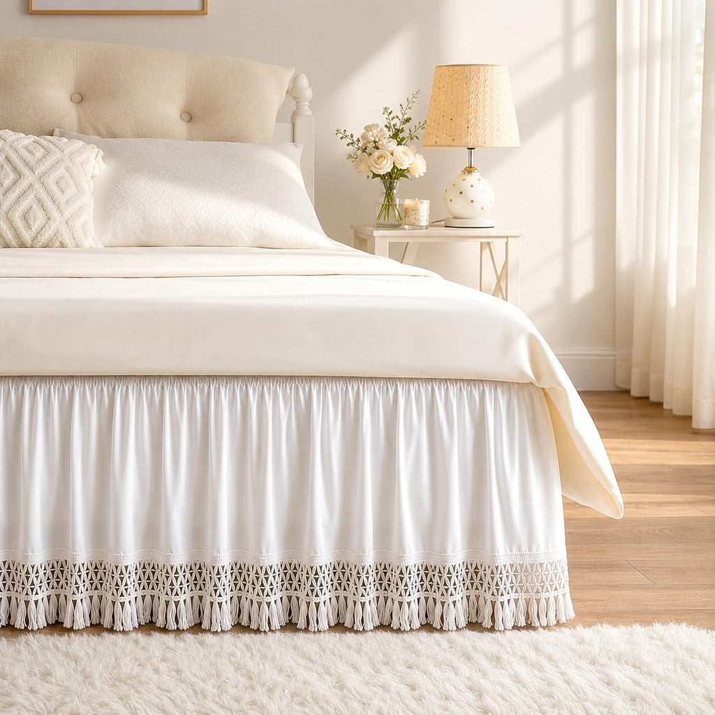 RIMELA Dorm Bed Skirt Twin XL 32 Inch Drop, Easy to Install Extra Long Wrap Around Elastic Dust Ruffle, White Bedskirt Solid Silky Fabric Machine Washable, Bedroom Decor