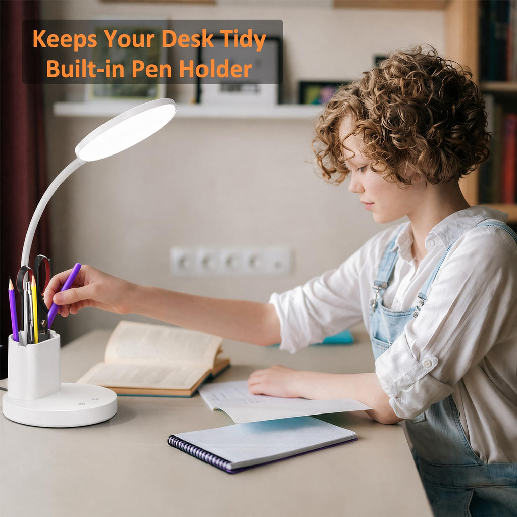 LED Desk Lamp with Wireless Charger for Home Office, Black | 3 Color Modes Dimmable Eye-Caring Study Desk Light for College Dorm Room, 360° Flexible Arm, Built-in Pen Holder, 800 Lumen